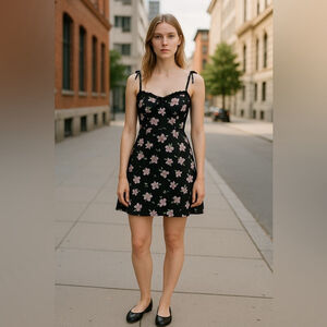 Floral Dress Women Size XS Black with Pink Floral Sheer Spaghetti Strap Ruffle
